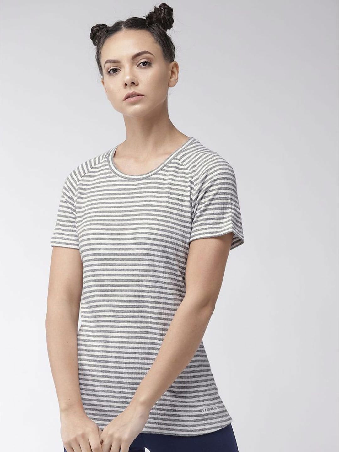 Alcis Women Black Off-White Striped Round Neck T-shirt