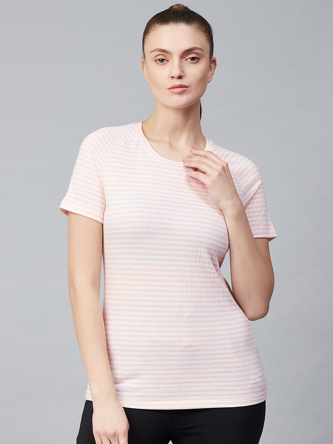 Alcis Women Peach-Coloured & White Striped Round Neck T-shirt