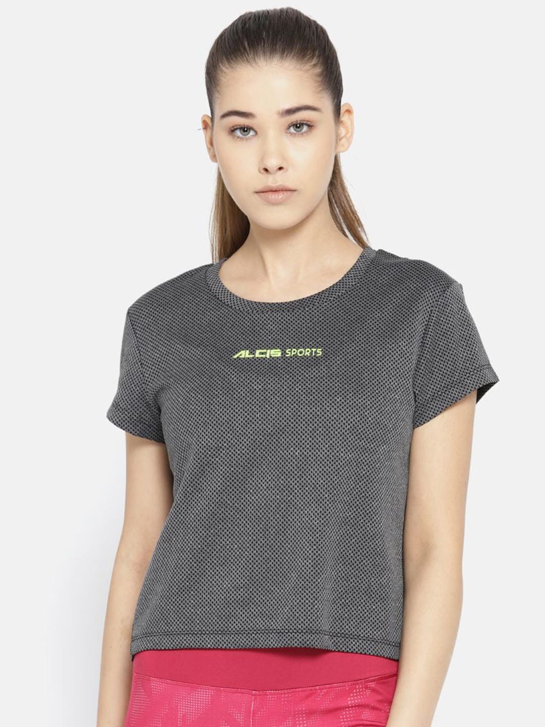 Alcis Women Charcoal Grey Self Design Round Neck Crop T-shirt