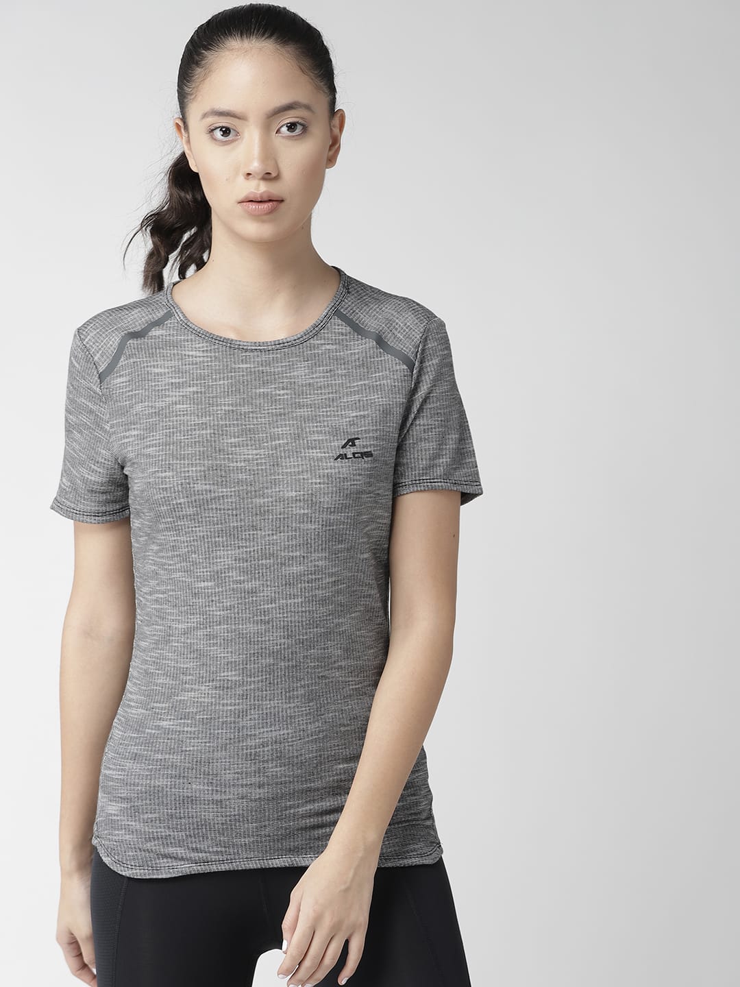 Alcis Women Grey Self-Design Round Neck Training T-shirt