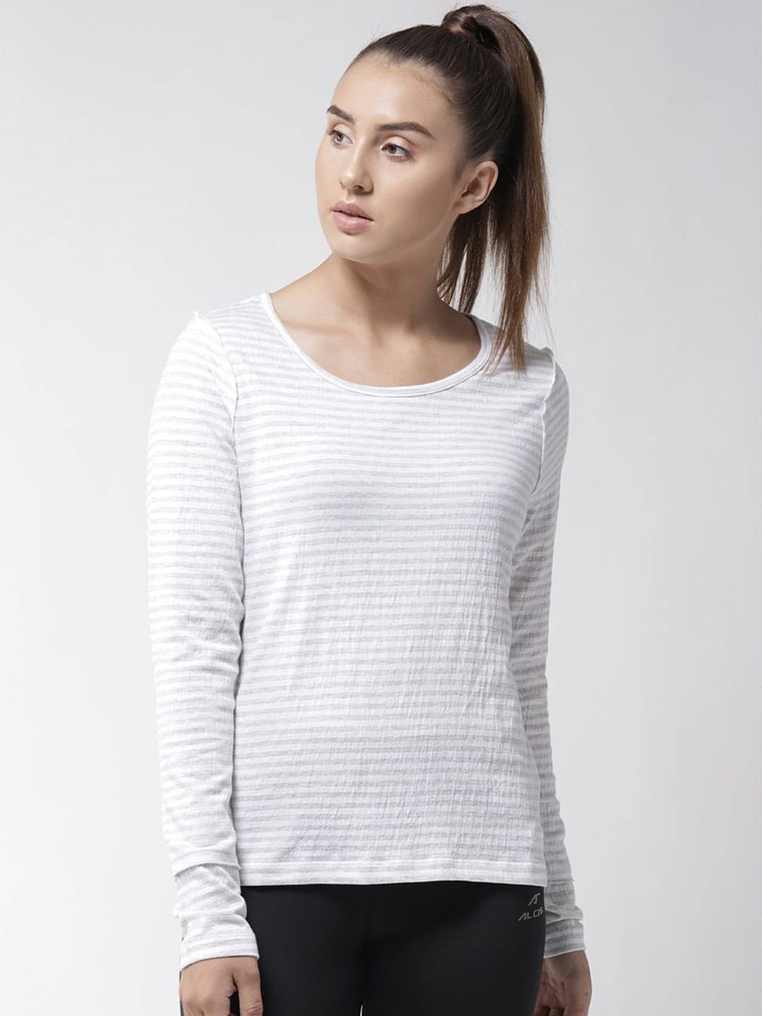 Alcis Women White Grey Slim Fit Striped Round Neck Yoga T-shirt