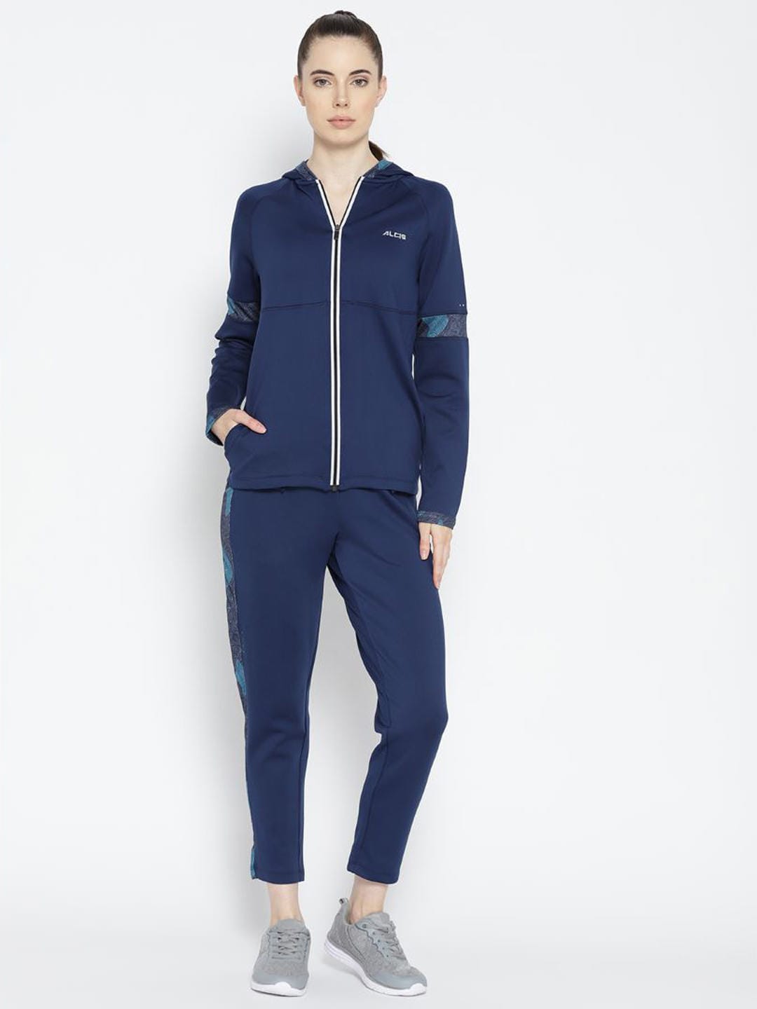 Alcis Women Navy Blue Solid Hooded Running Tracksuit