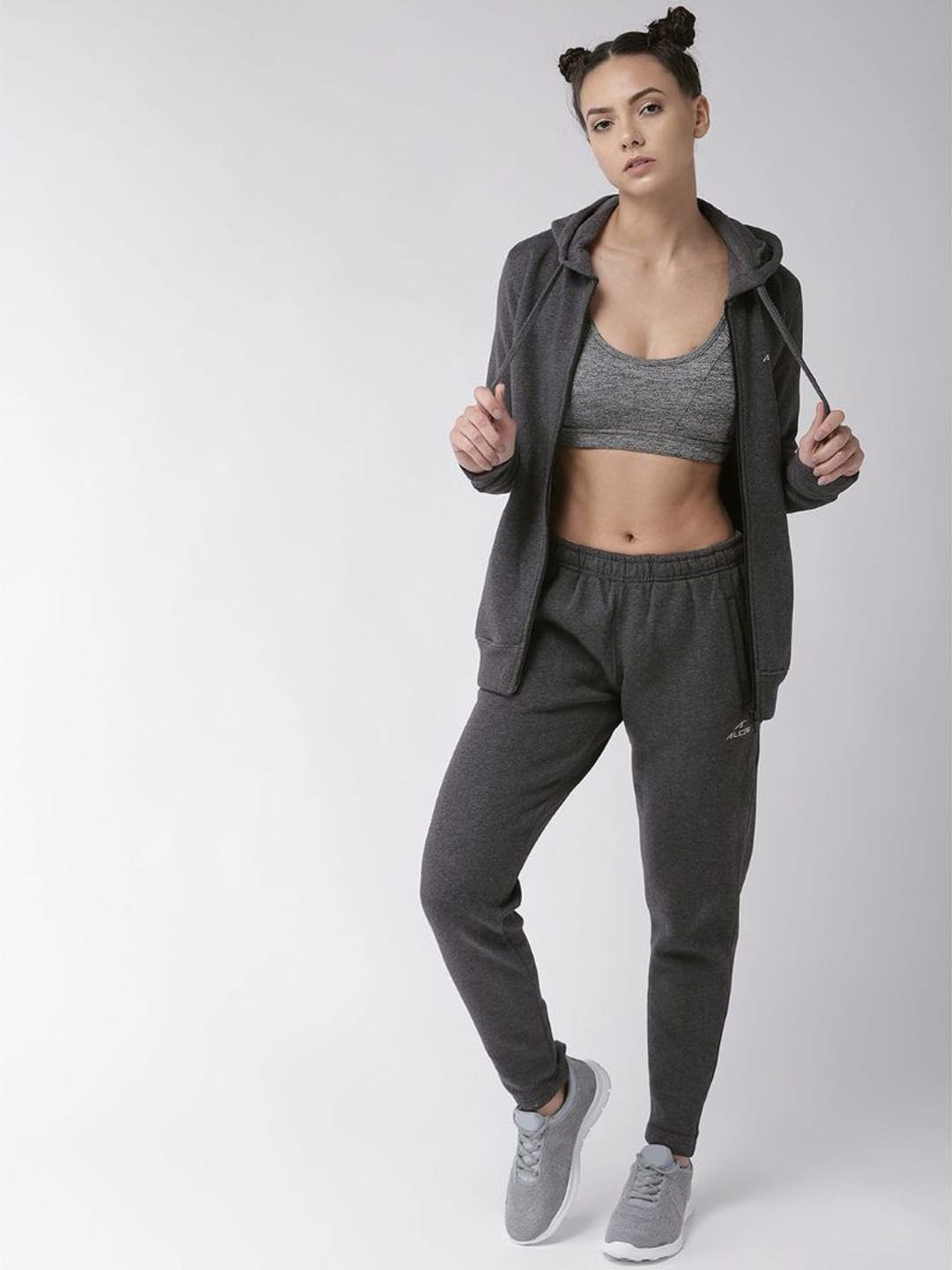 Alcis Women Solid Charcoal Grey Solid Hooded Tracksuit