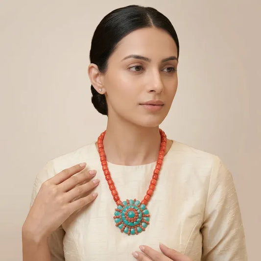 Coral And Turquoise Beaded Floral Pendant Necklace For Women