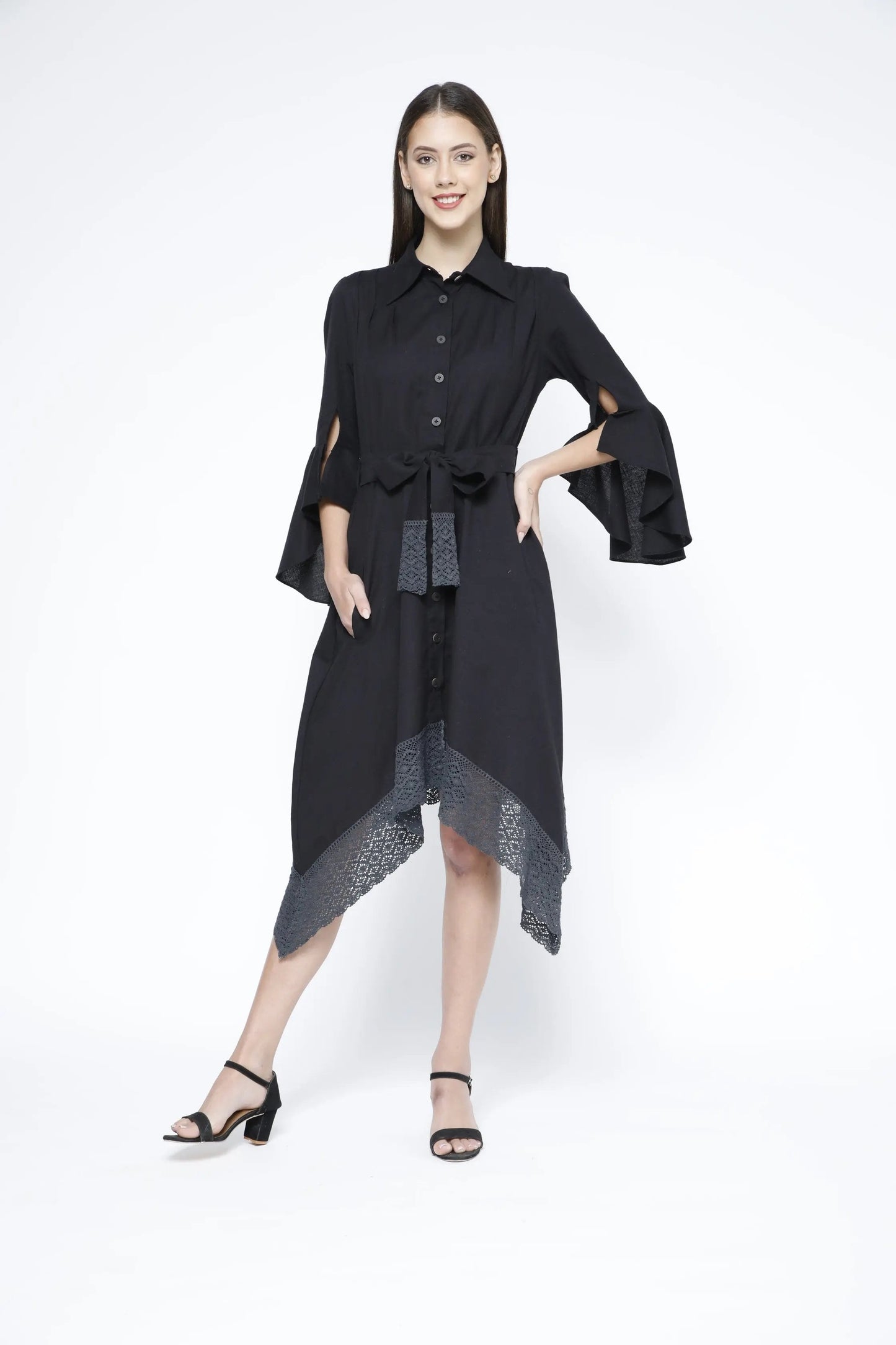 Handkerchief Hem Sash-Tie Belt Linen Black Shirtdress