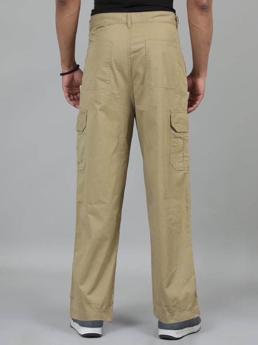 Men's Khaki Baggy Fit Solid Cotton Cargo Trousers