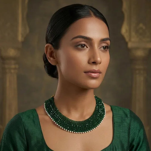 Green Beaded Pearl Trim Choker Necklace For Women