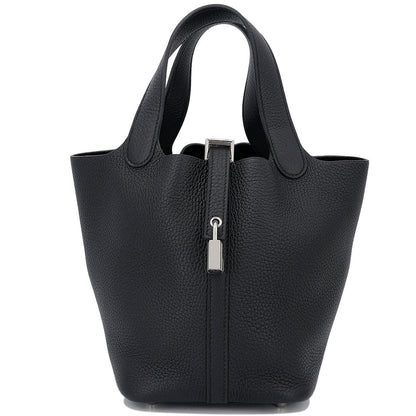HERMÈS Picotin Lock PM handbag in Black Clemence leather with Palladium hardware