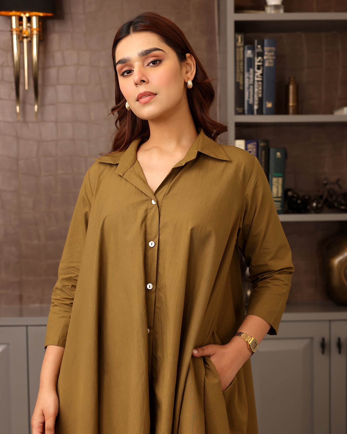 Basic Brown Poplin Shirt Dress