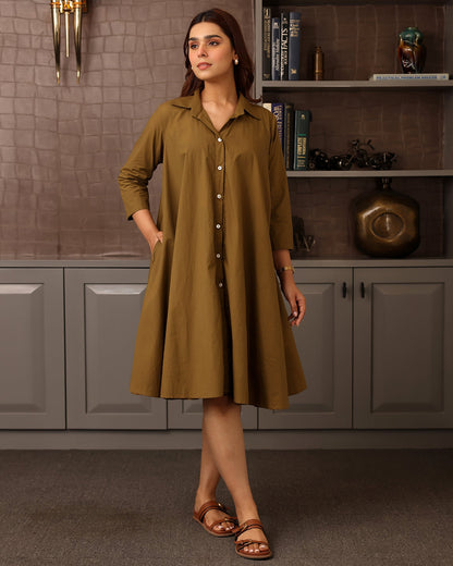 Basic Brown Poplin Shirt Dress