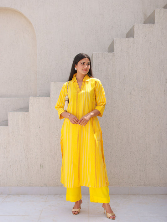 Yellow Pinstriped Cotton Kurta Set