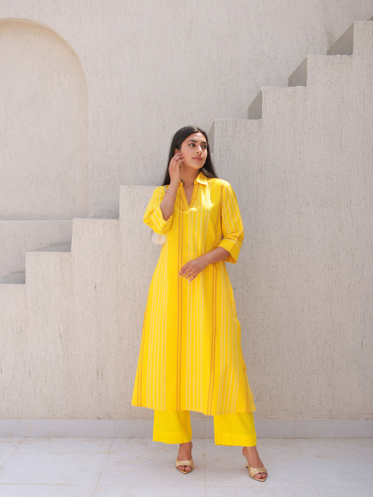 Yellow Pinstriped Cotton Kurta Set