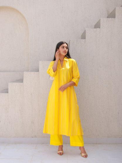 Yellow Pinstriped Cotton Kurta Set