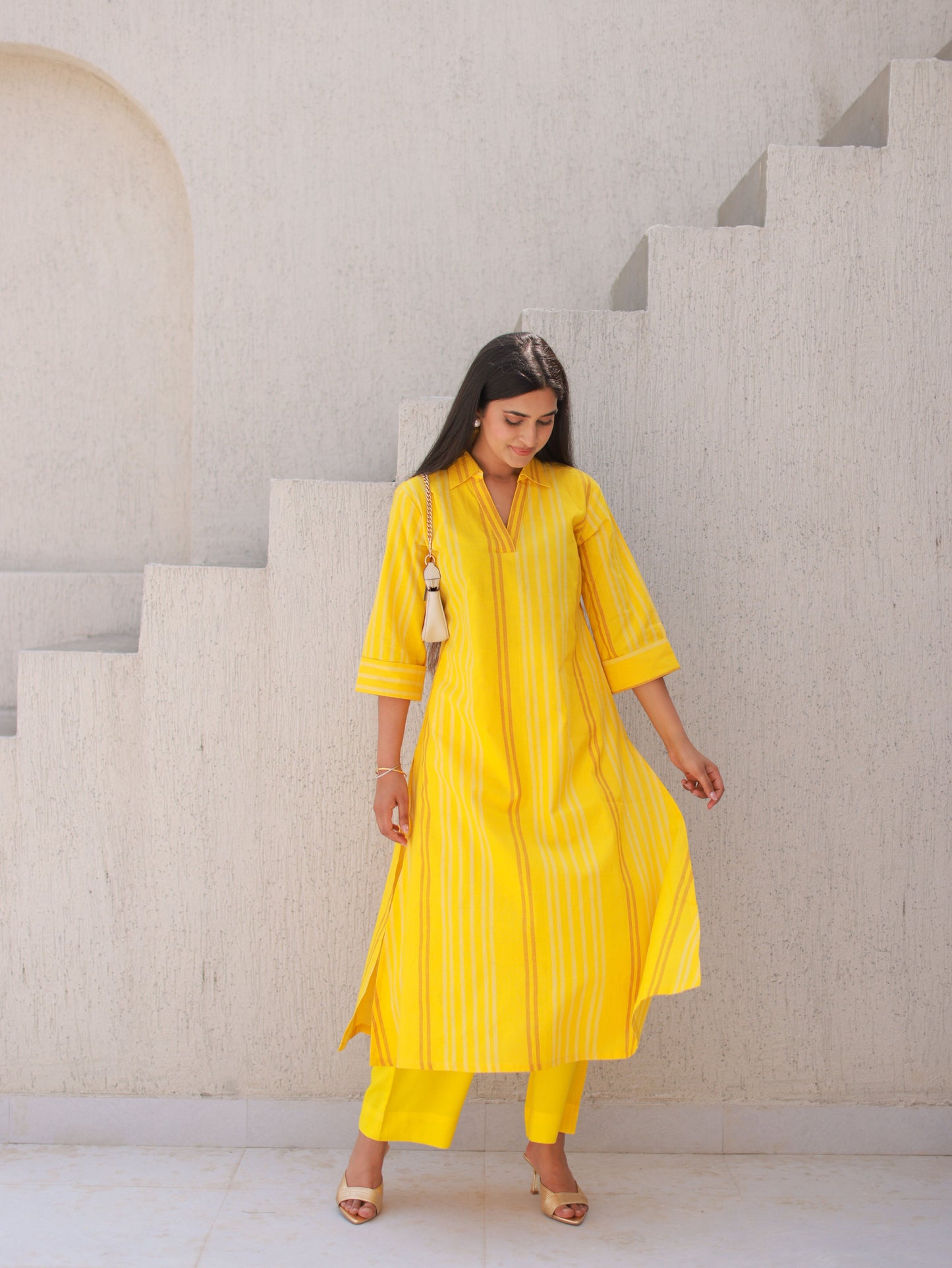 Yellow Pinstriped Cotton Kurta Set