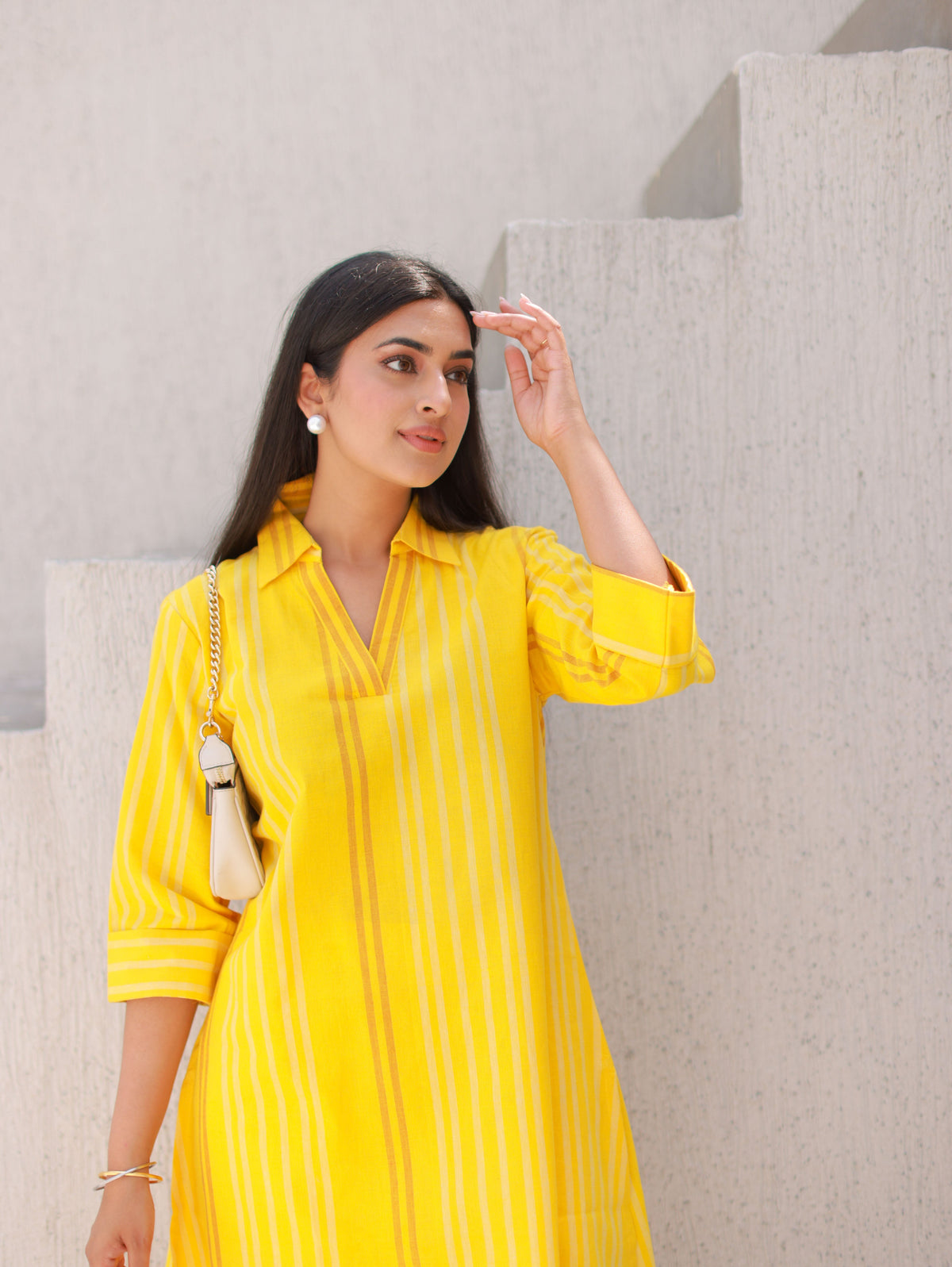 Yellow Pinstriped Cotton Kurta Set