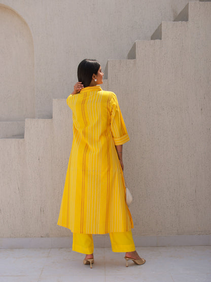 Yellow Pinstriped Cotton Kurta Set
