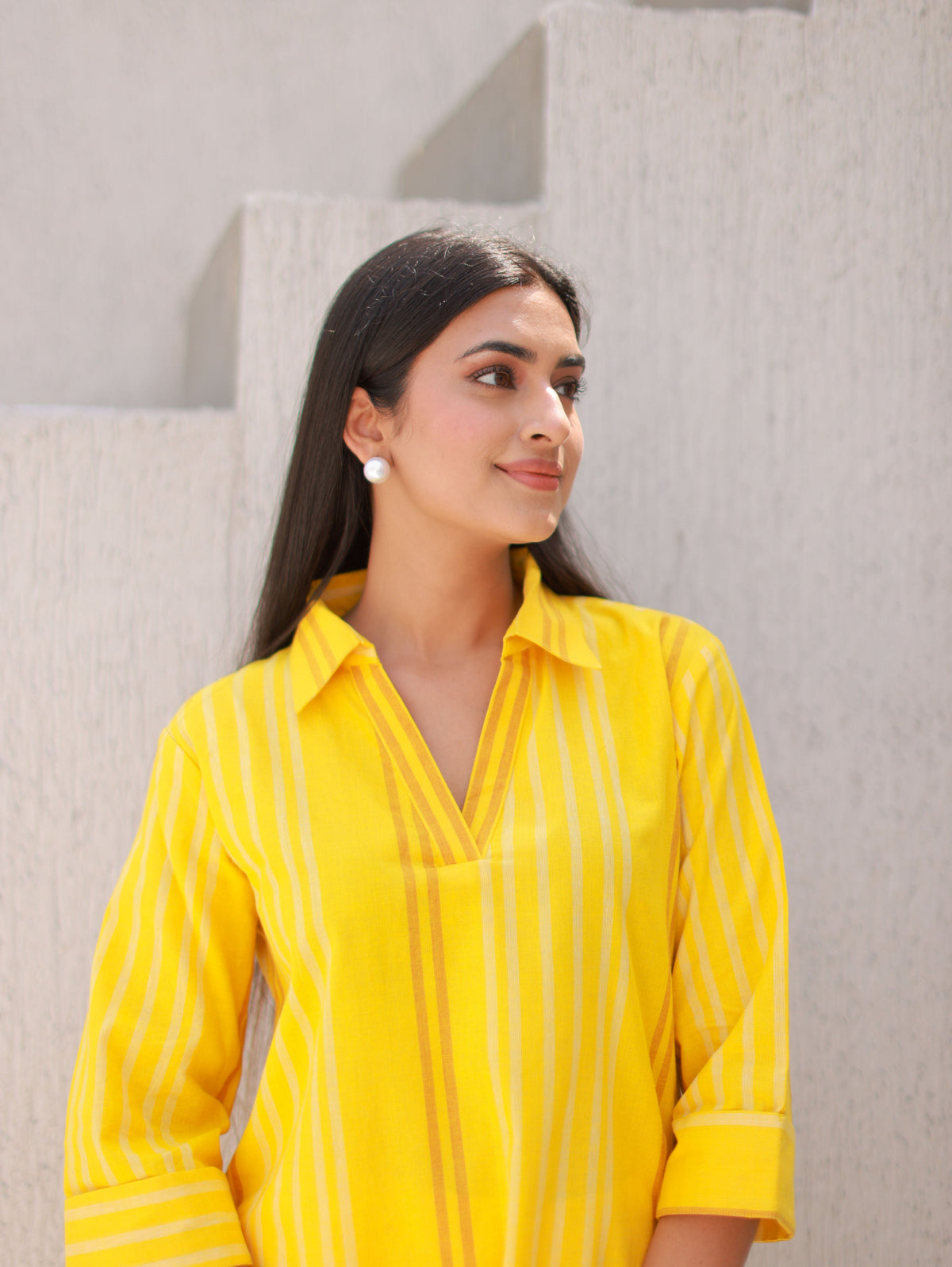 Yellow Pinstriped Cotton Kurta Set