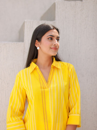 Yellow Pinstriped Cotton Kurta Set