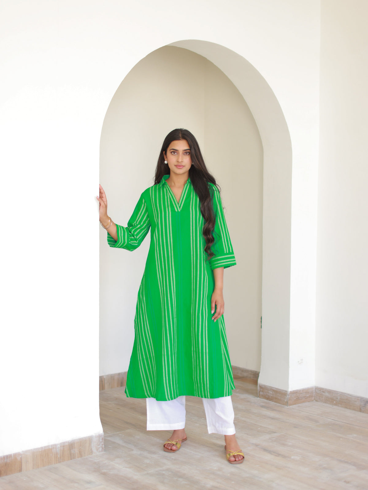 Green Pinstriped Cotton Kurta Set