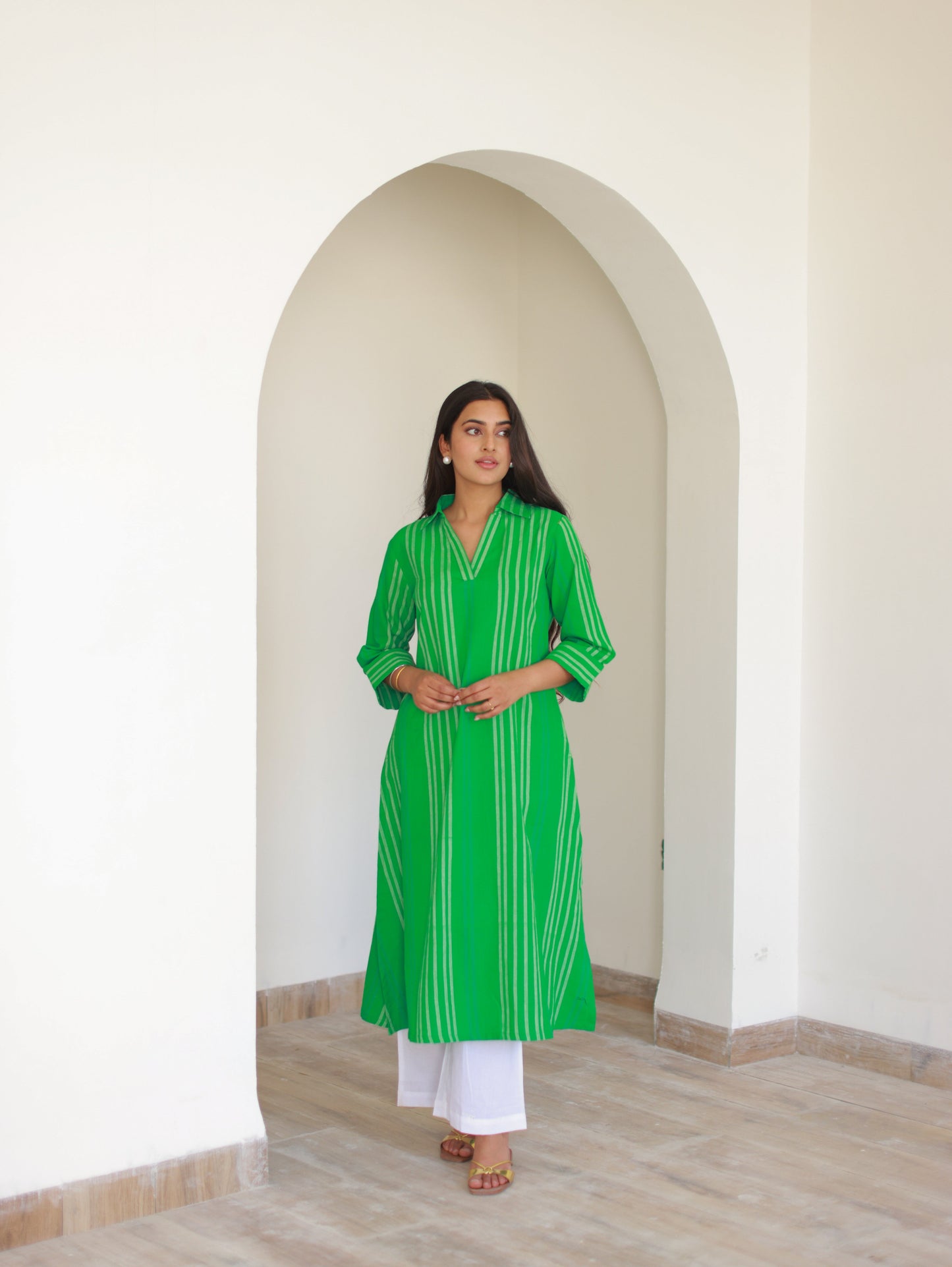 Green Pinstriped Cotton Kurta Set