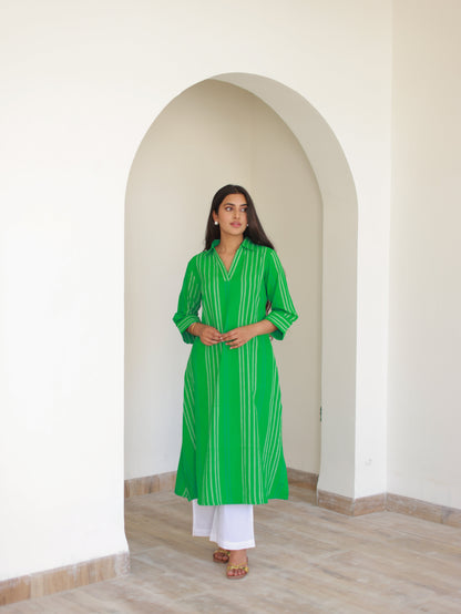 Green Pinstriped Cotton Kurta Set