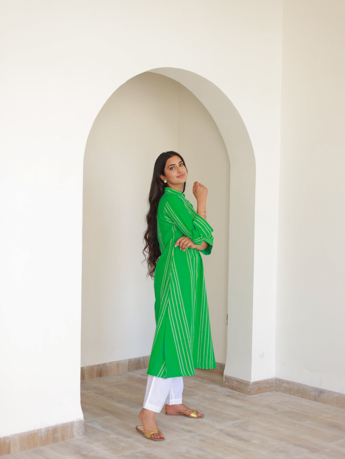 Green Pinstriped Cotton Kurta Set