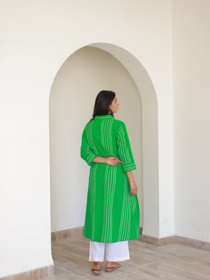 Green Pinstriped Cotton Kurta Set