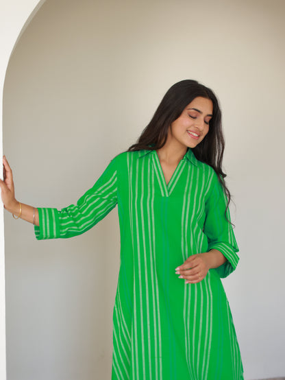 Green Pinstriped Cotton Kurta Set