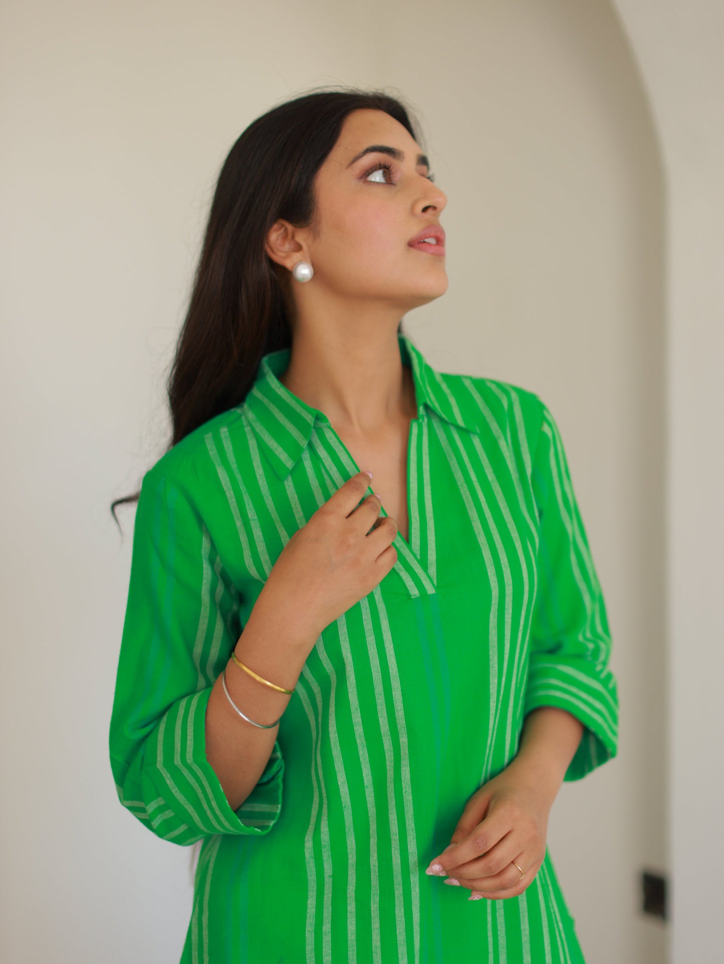 Green Pinstriped Cotton Kurta Set