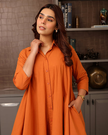 Solid Orange Poplin Shirt Co-ord Set