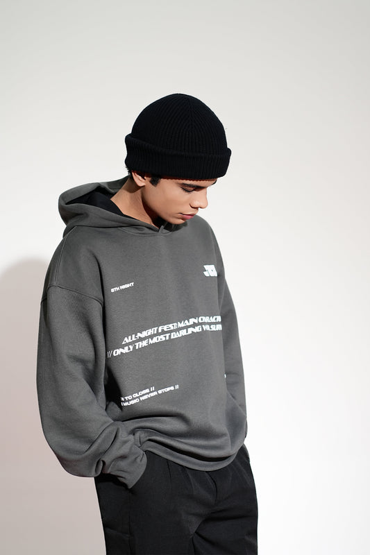 Nocture Printed Oversized Grey Hoodie Main Character