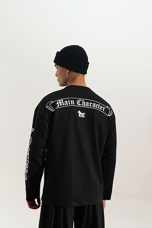 Graveen Printed Oversized Black Sweatshirt Main Character