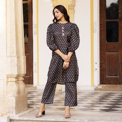 BLACK MUSLIN FLORAL KURTA SET