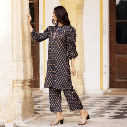 BLACK MUSLIN FLORAL KURTA SET
