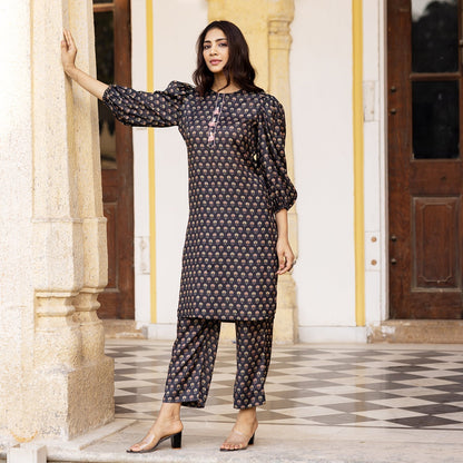 BLACK MUSLIN FLORAL KURTA SET