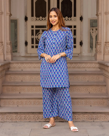 Blue Printed Cotton Kurta Set