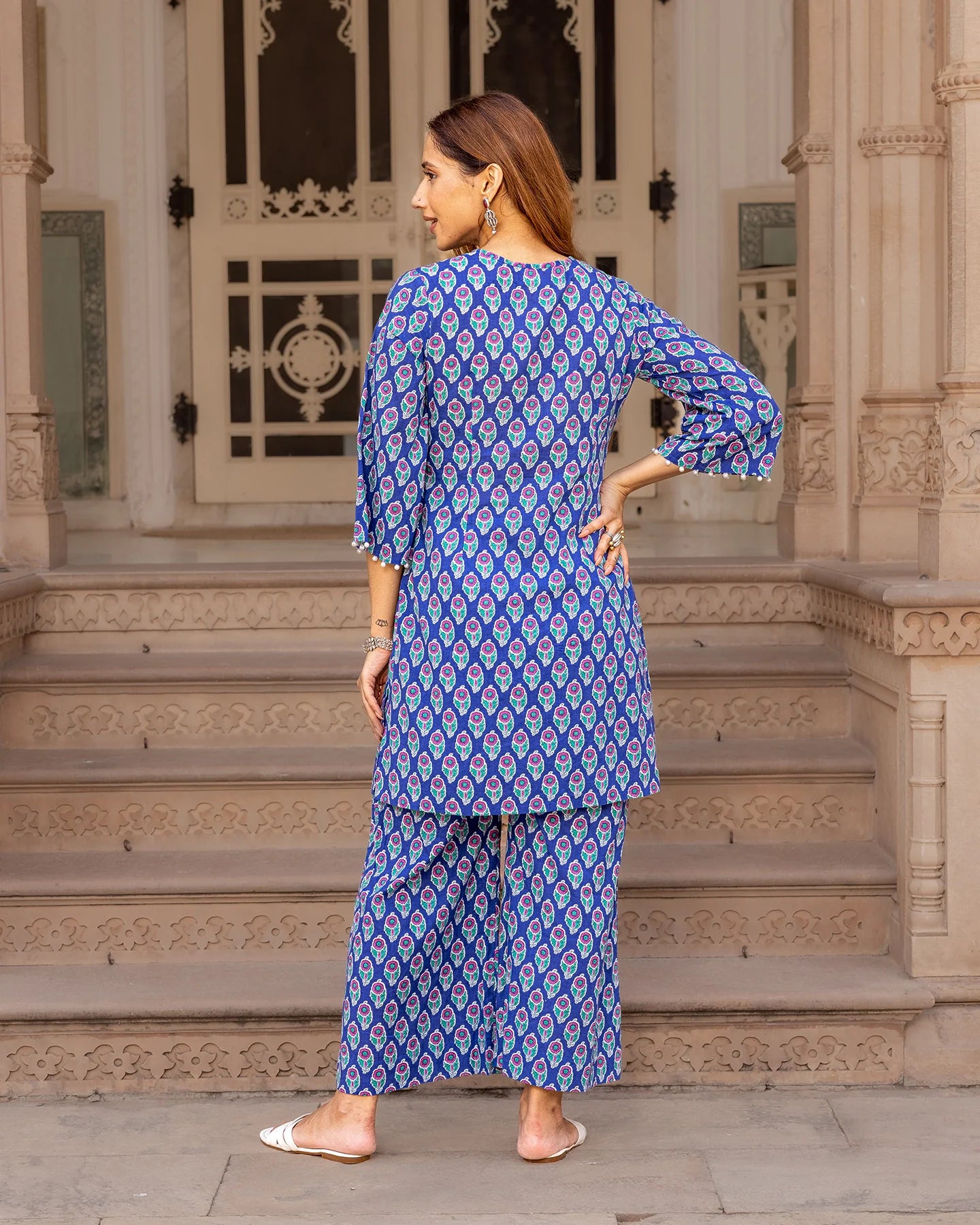 Blue Printed Cotton Kurta Set