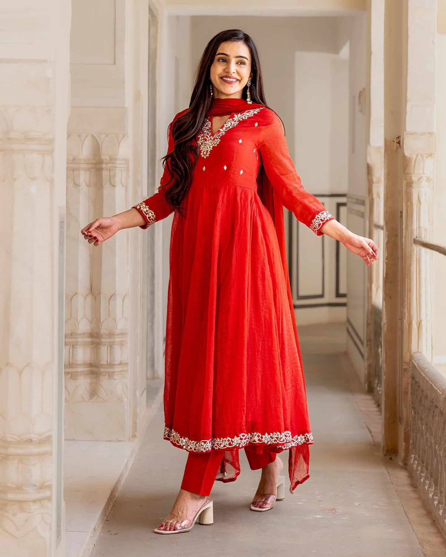 Red Kaccha-gota Kalidaar Suit Set