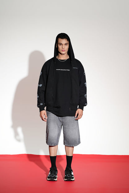 Imperial Printed Black Oversized Zipper Hoodie Main Character