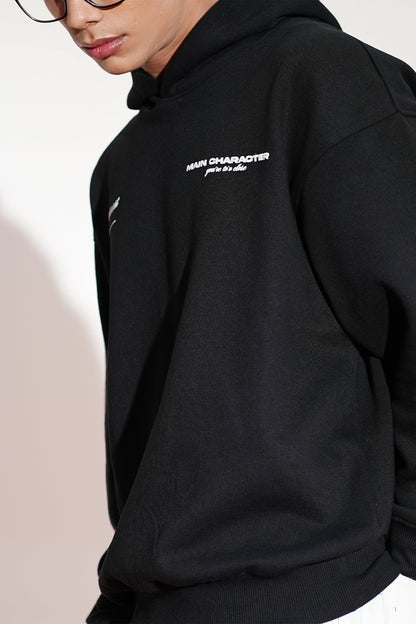 Core Printed Oversized Black Hoodie Main Character