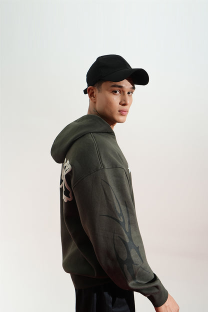 Reckless Printed Oversized Green Hoodie Main Character
