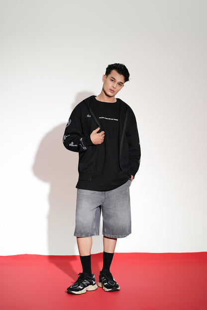 Imperial Printed Black Oversized Zipper Hoodie Main Character