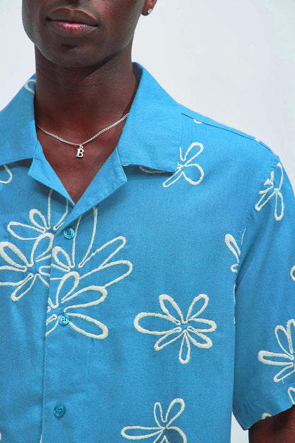 Men's Box-Fit Floral Embroidered Linen Ocean Blue Shirt