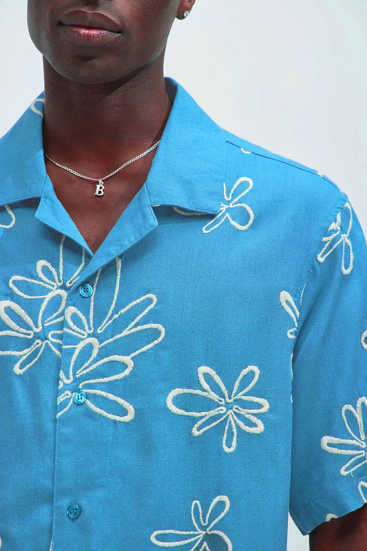 Men's Box-Fit Floral Embroidered Linen Ocean Blue Shirt