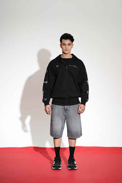 Imperial Printed Black Oversized Zipper Hoodie Main Character