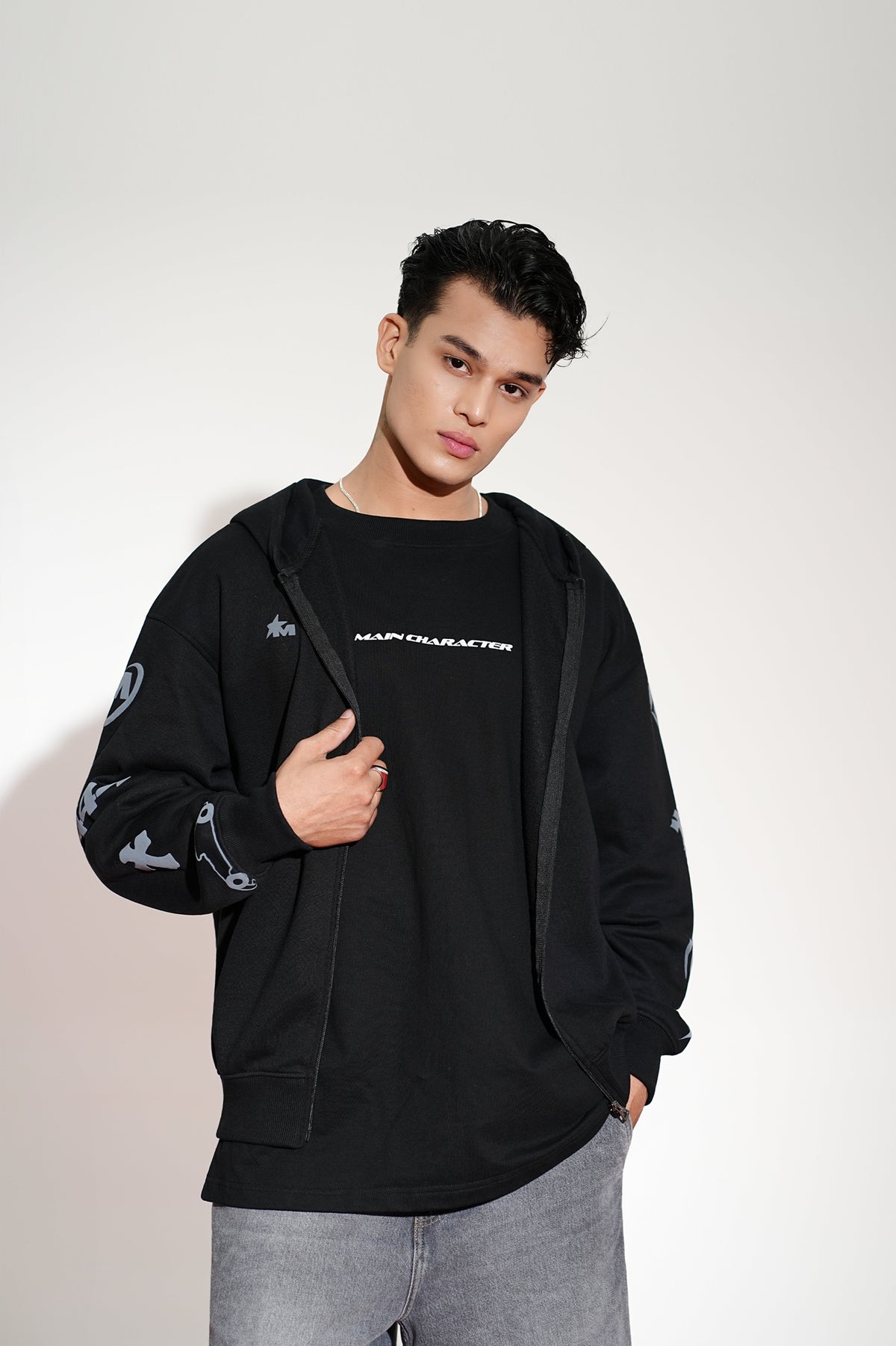 Imperial Printed Black Oversized Zipper Hoodie Main Character