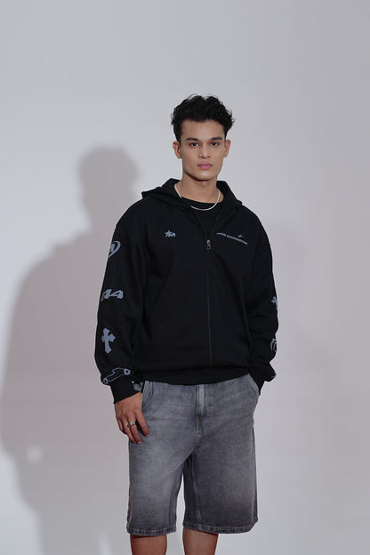 Imperial Printed Black Oversized Zipper Hoodie Main Character
