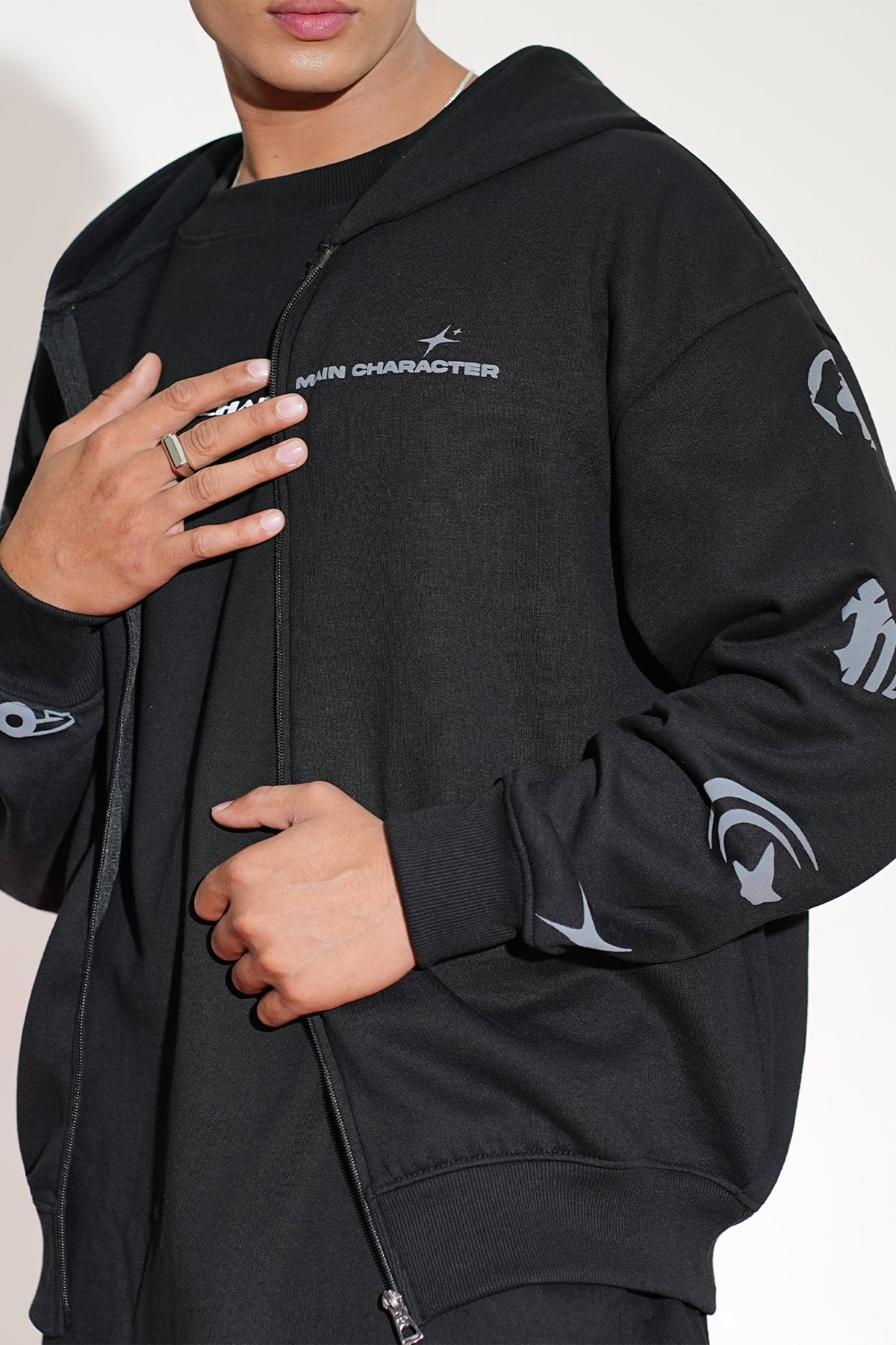 Imperial Printed Black Oversized Zipper Hoodie Main Character