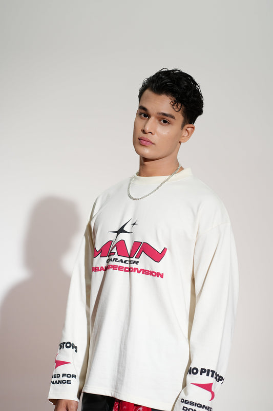 Crossline Printed Oversized White Sweatshirt