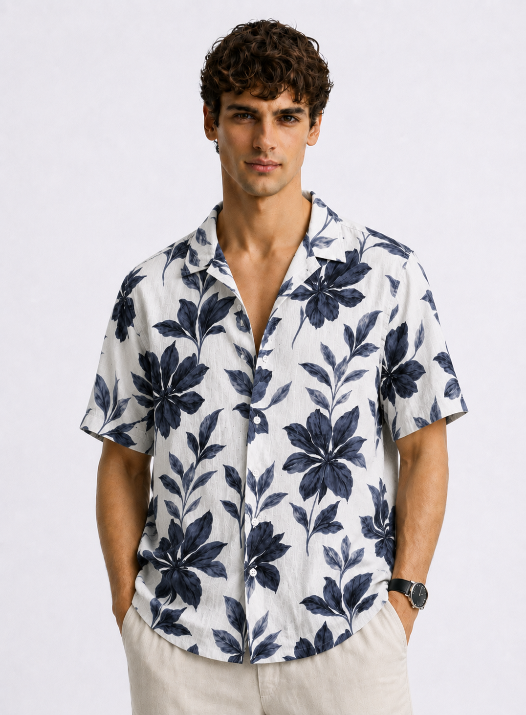Adro Men’s Relaxed Fit Cuban Collar Cotton Linen Midnight Bloom Printed Shirt White Navy